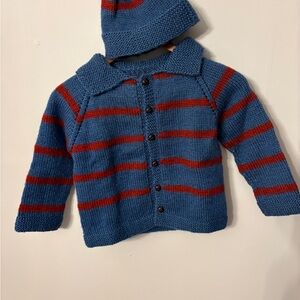 New Hand Knit Blue and Red Kids Sweater With Matching Beanie